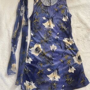 Floral Blue Sleeveless Dress with Matching Scarf